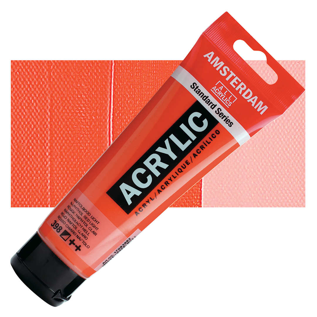 Open in modal - Amsterdam Standard Series Acrylic Paint - Naphthol Red Light, 120 ml tube and swatch