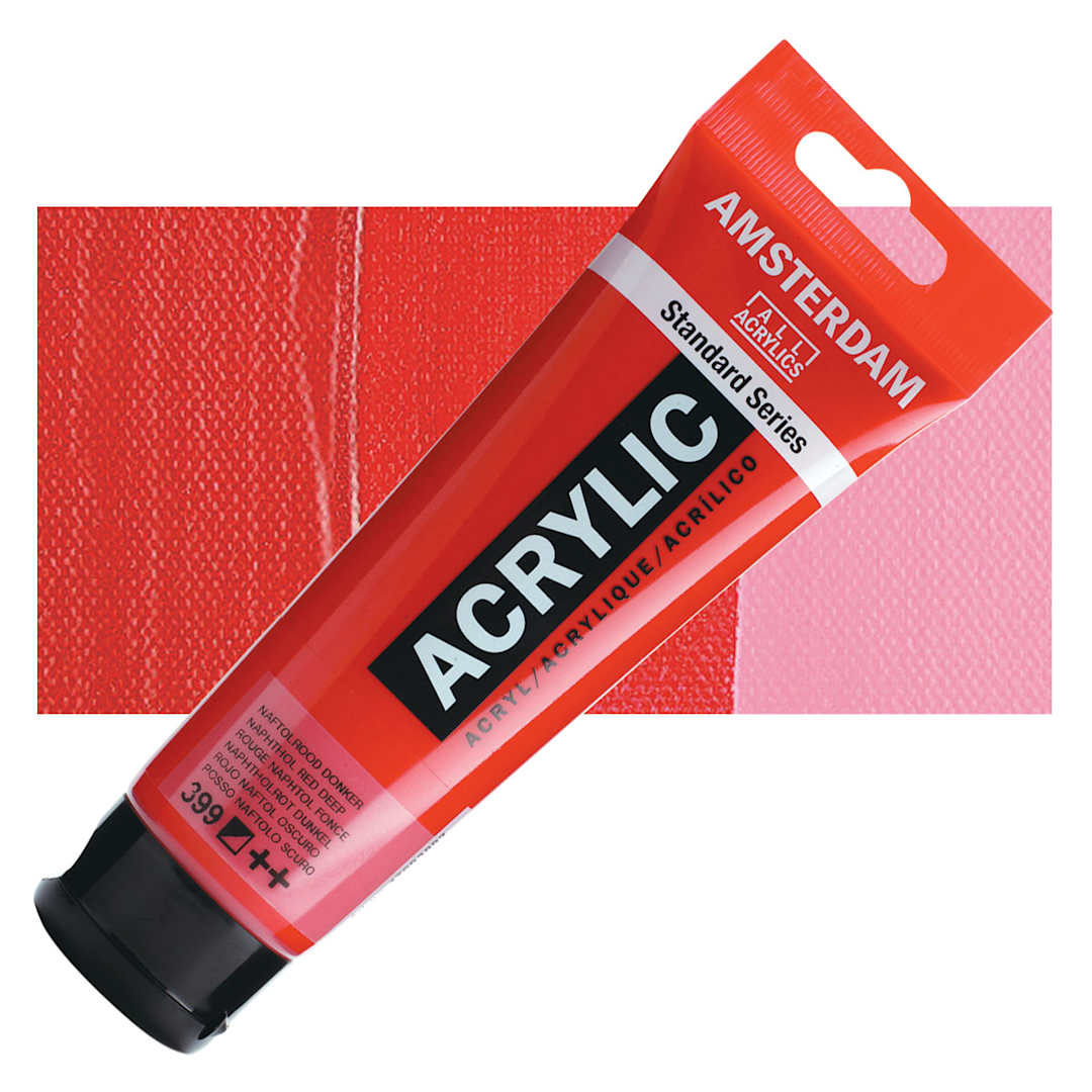 Open in modal - Amsterdam Standard Series Acrylic Paint - Naphthol Red Deep, 120 ml tube and swatch