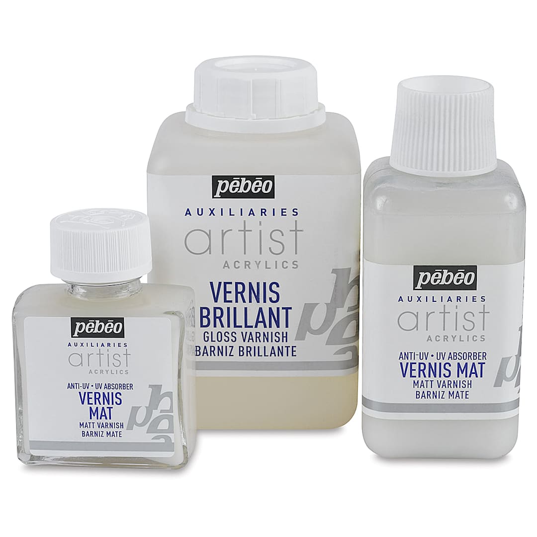 Open in modal - Acrylic Polymer Varnishes - Three size bottles shown
