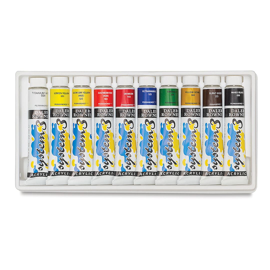 Open in modal - Daler-Rowney System3 Acrylics - Component Tubes of Intro Set 10 colors in tray