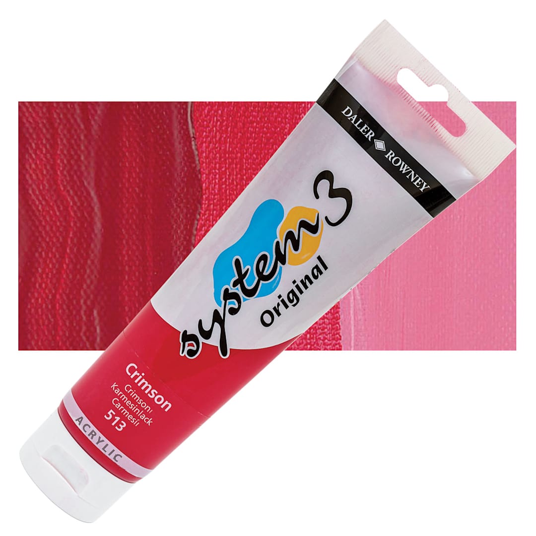 Open in modal - Daler-Rowney System3 Acrylic - Crimson, 150 ml tube and swatch