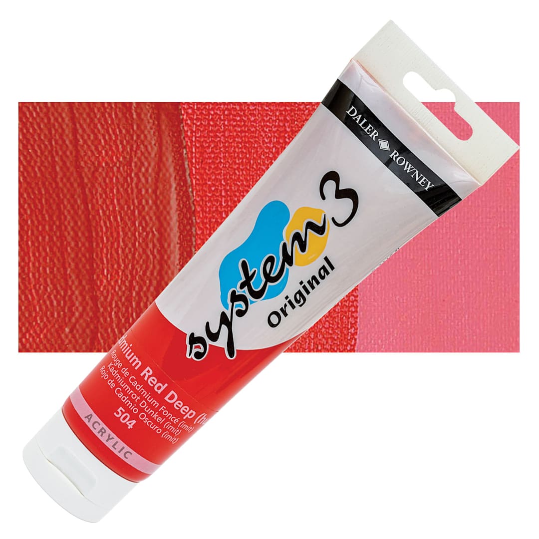 Open in modal - Daler-Rowney System3 Acrylic - Cadmium Red Deep Hue, 150 ml tube and swatch