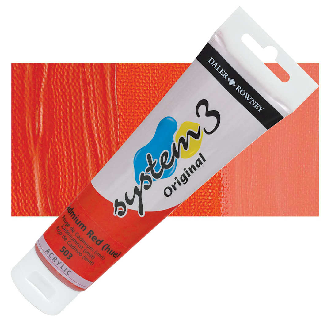 Open in modal - Daler-Rowney System3 Acrylic - Cadmium Scarlet Hue, 150 ml tube and swatch