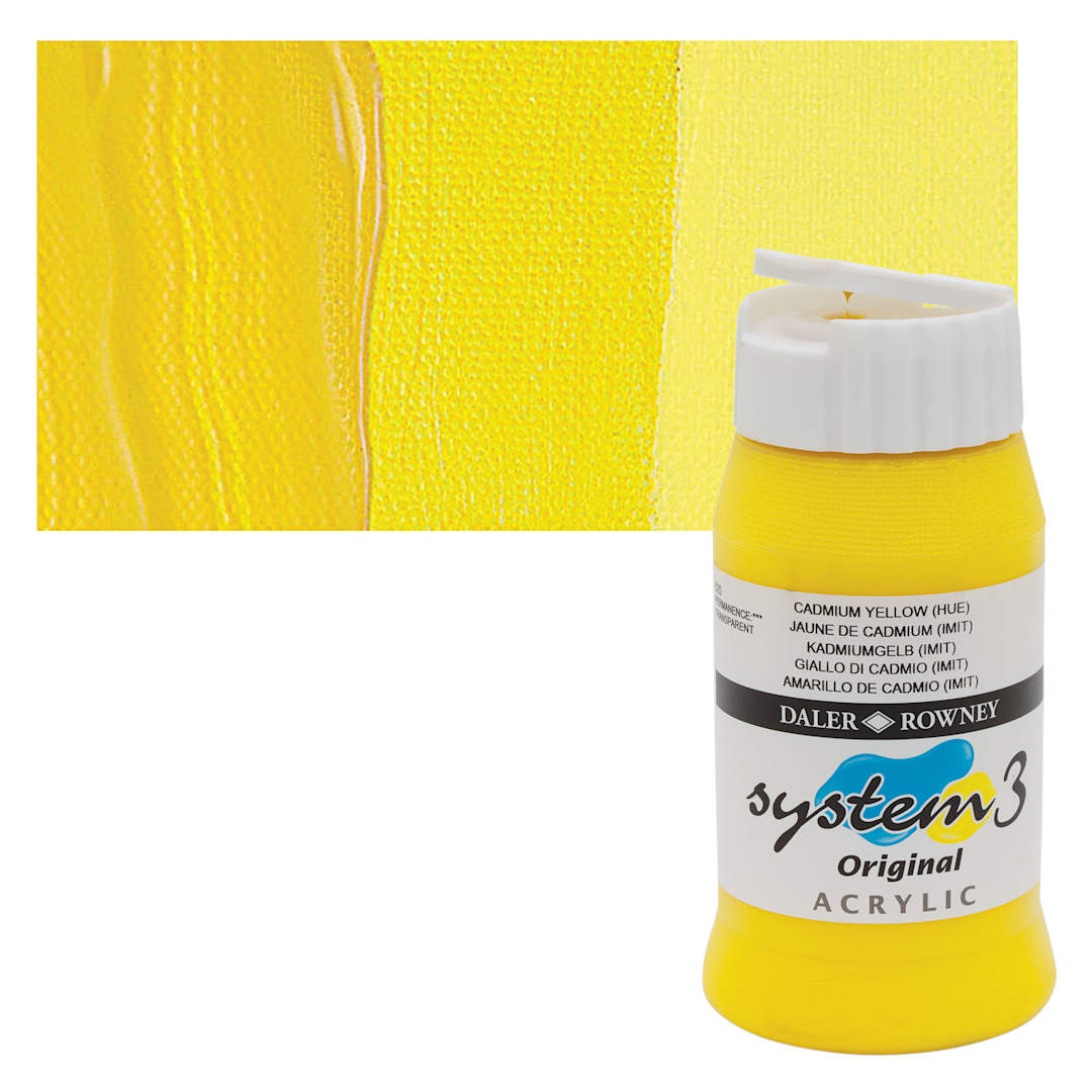 Open in modal - Daler-Rowney System3 Acrylic - Cadmium Yellow Hue, 500 ml bottle and swatch