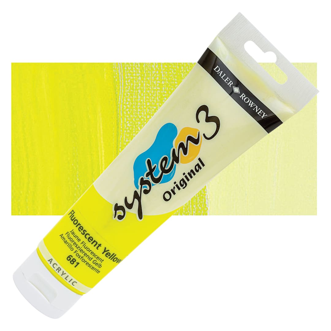 Open in modal - Daler-Rowney System3 Acrylic - Fluorescent Yellow, 150 ml tube and swatch