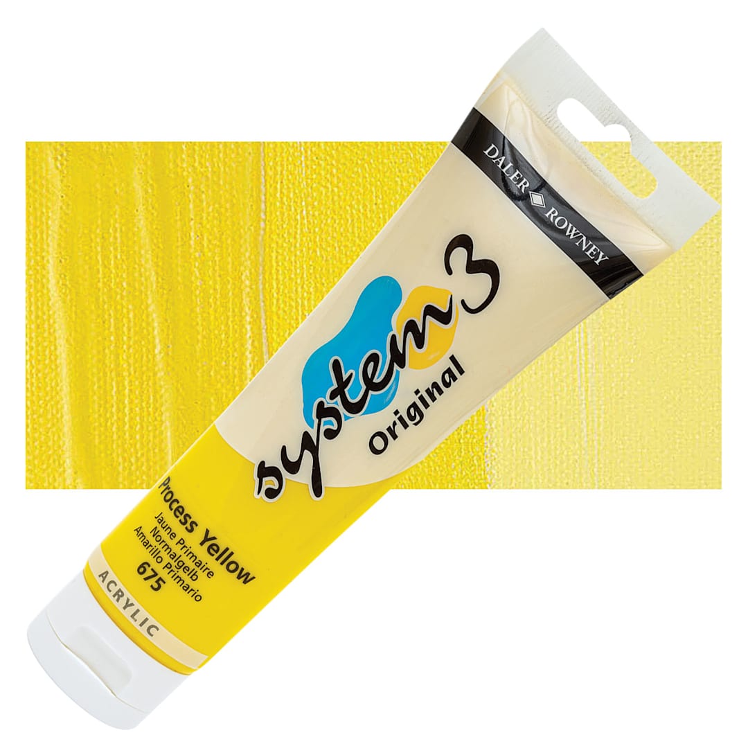 Open in modal - Daler-Rowney System3 Acrylic - Process Yellow, 150 ml tube and swatch