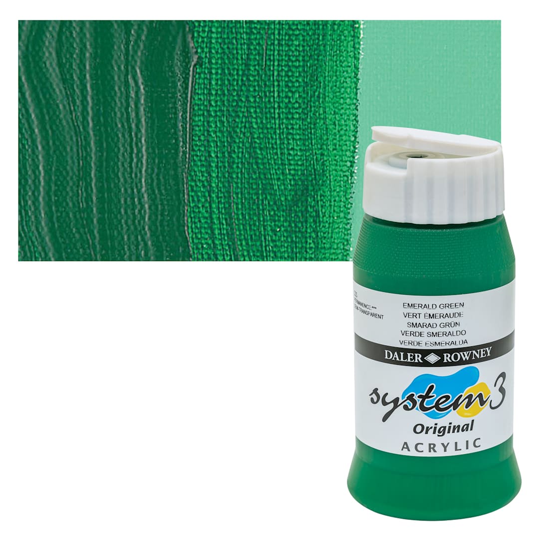 Open in modal - Daler-Rowney System3 Acrylic - Emerald, 500 ml bottle and swatch