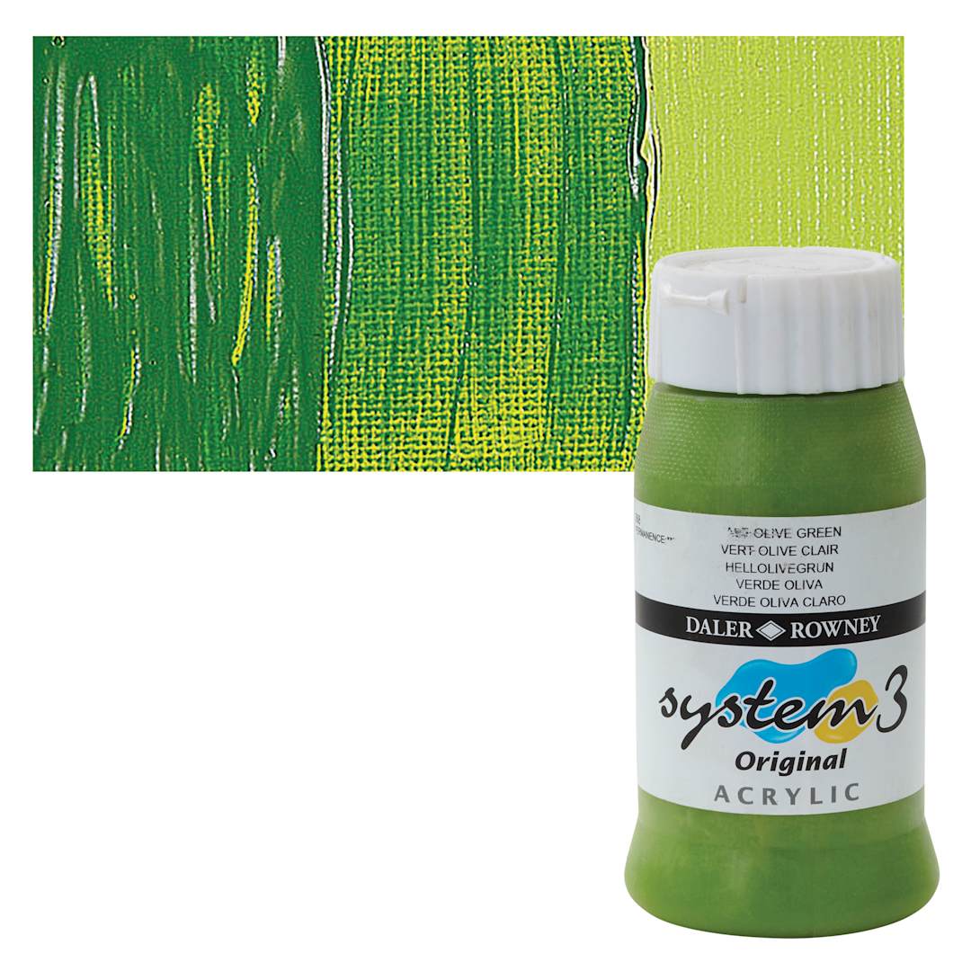 Open in modal - Daler-Rowney System3 Acrylic - Pale Olive Green, 500 ml bottle and swatch