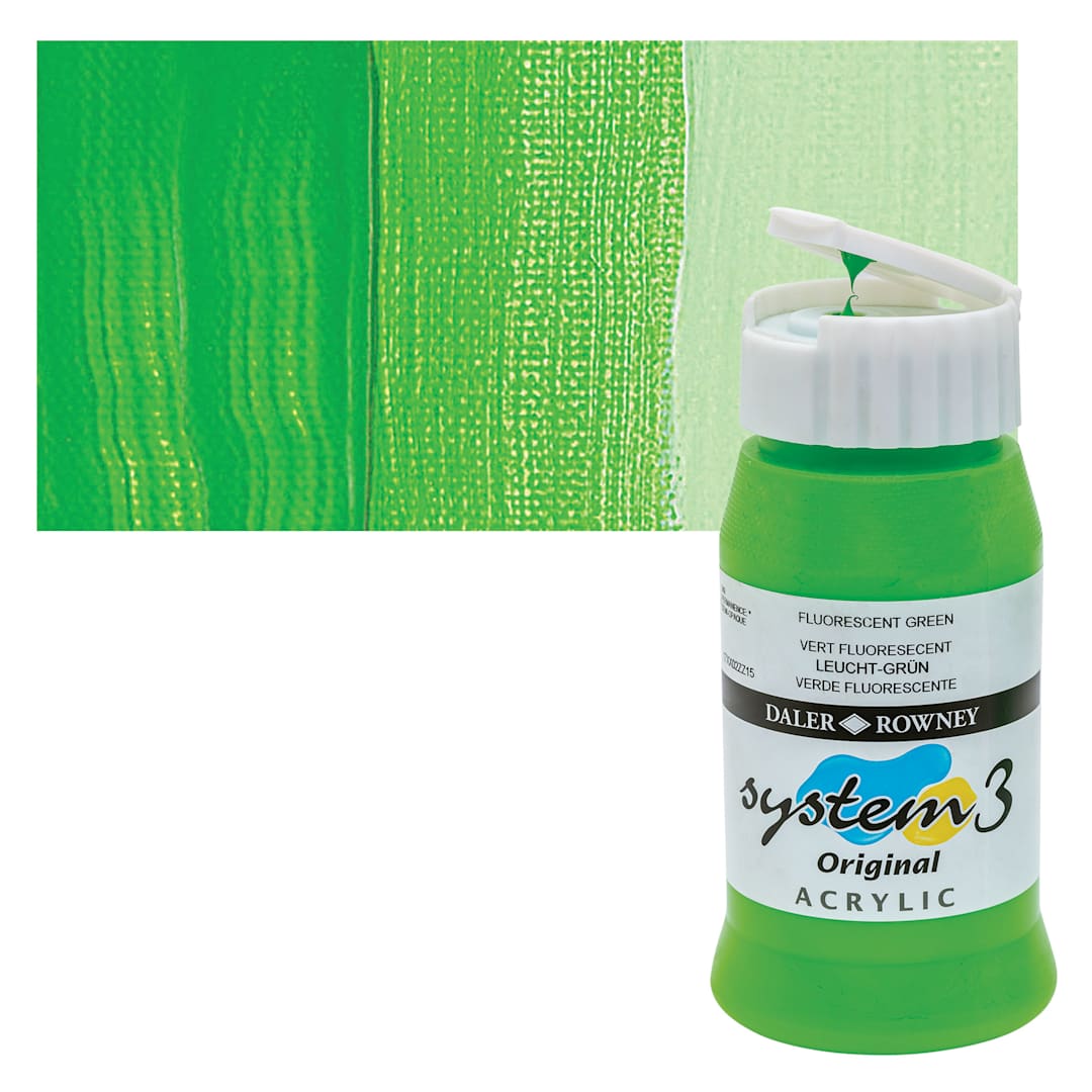 Open in modal - Daler-Rowney System3 Acrylic - Fluorescent Green, 500 ml bottle and swatch
