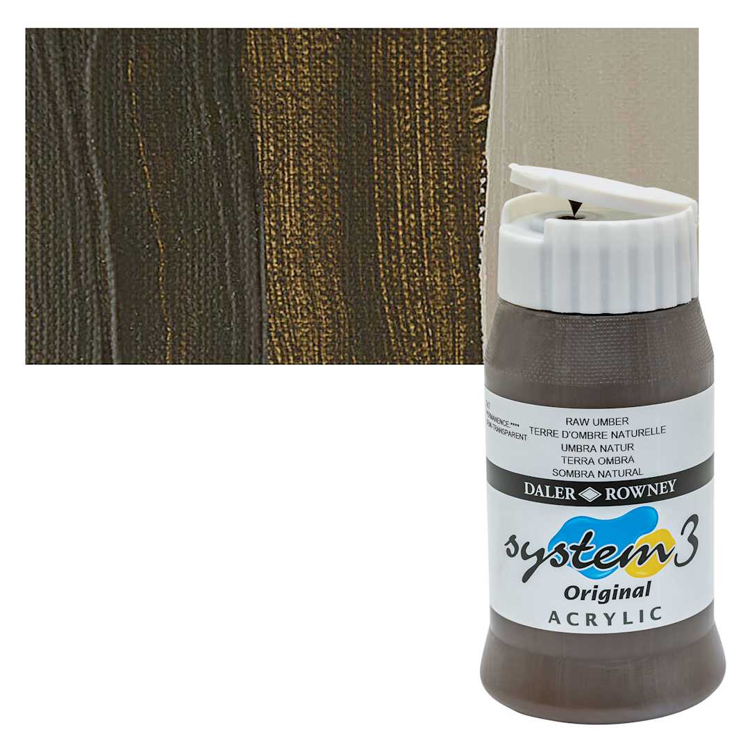 Open in modal - Daler-Rowney System3 Acrylic - Raw Umber, 500 ml bottle and swatch