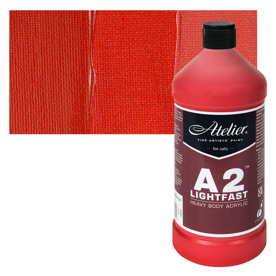 Open in modal - Chroma A2 Student Acrylics - Cadmium Red Medium Hue, 1 L, Bottle with swatch