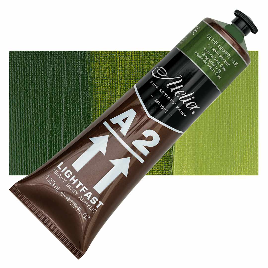 Open in modal - Chroma A2 Student Acrylic - Olive Green Hue, 120 ml tube and swatch