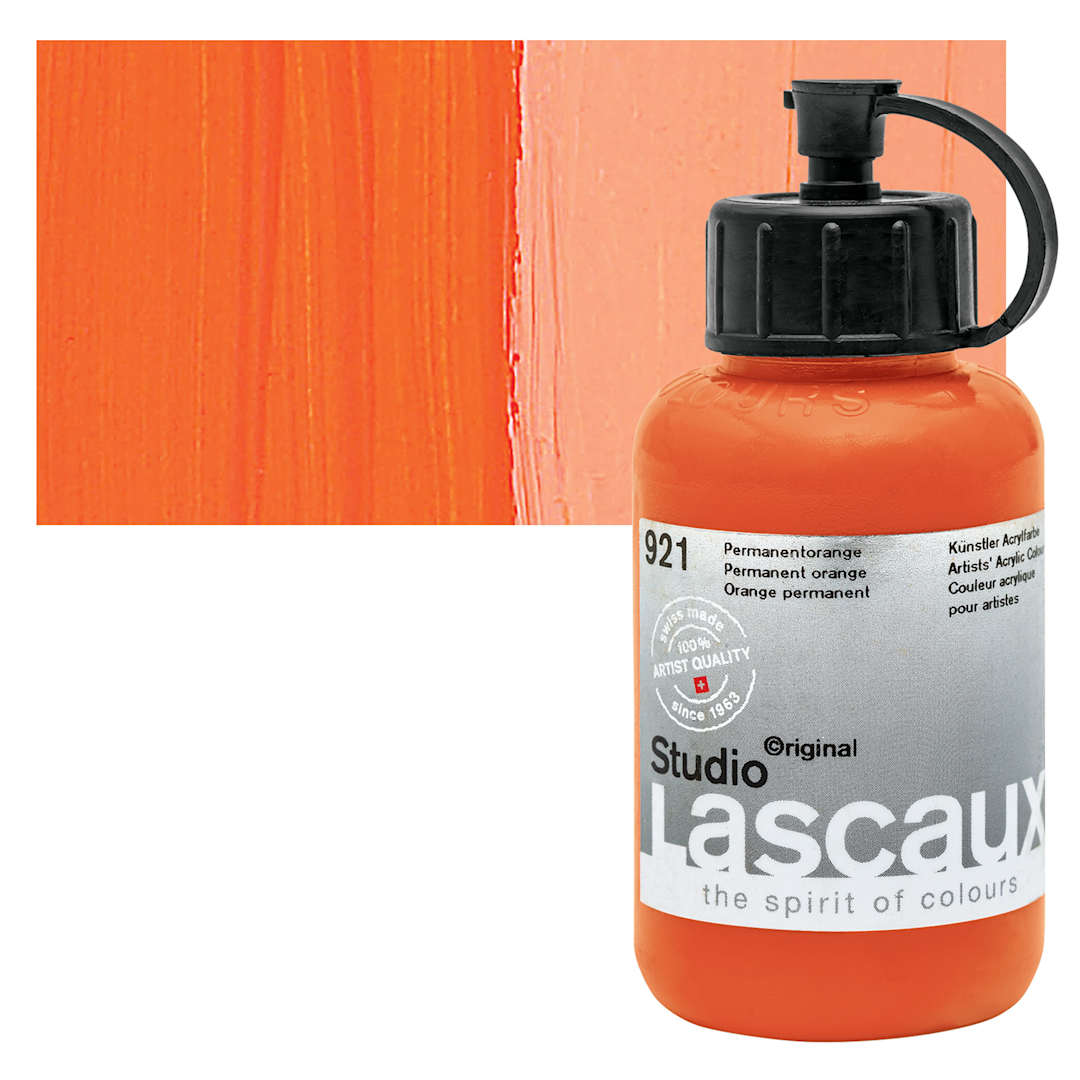 Open in modal - Lascaux Studio Acrylic - Permanent Orange, 85 ml  bottle and swatch