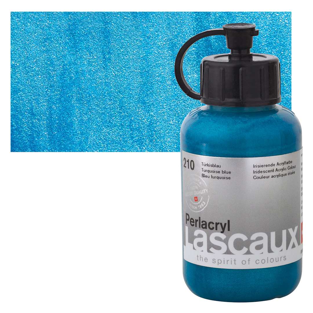 Open in modal - Lascaux Perlacryl Iridescent Acrylic - Turquoise Blue, 85 ml bottle and swatch