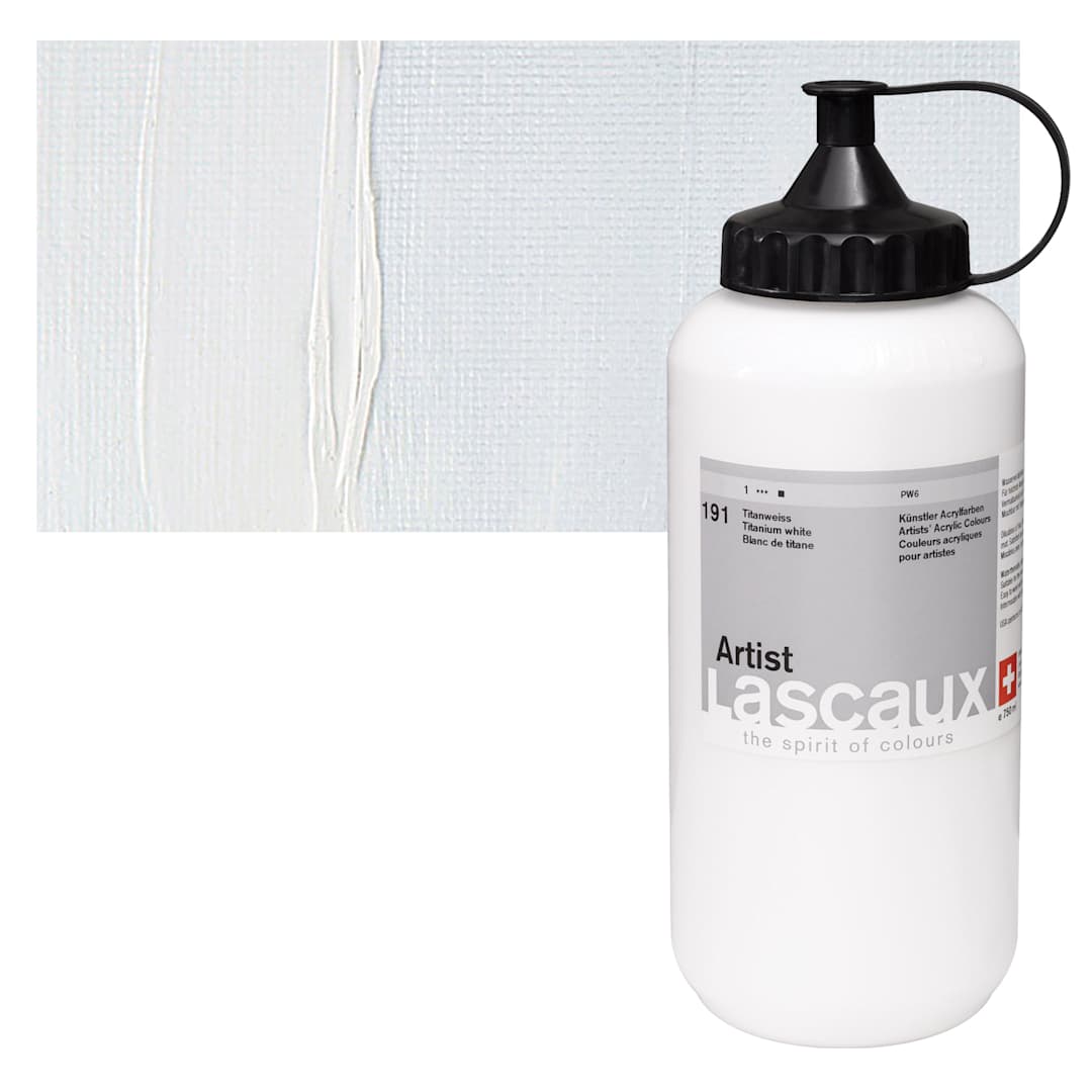 Open in modal - Lascaux Artist Acrylic - Titanium White, 750 ml bottle and swatch