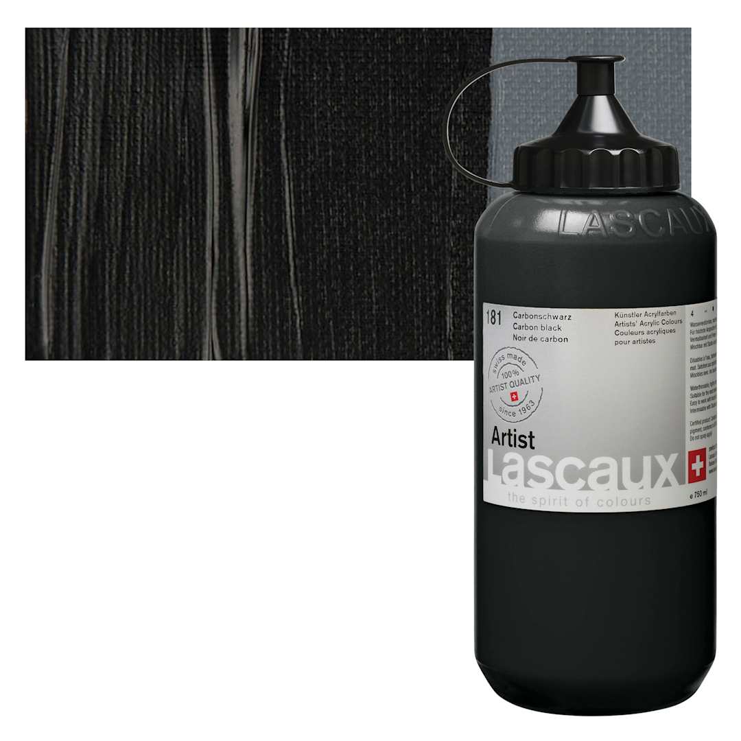 Open in modal - Lascaux Artist Acrylic - Carbon Black, 750 ml bottle and swatch