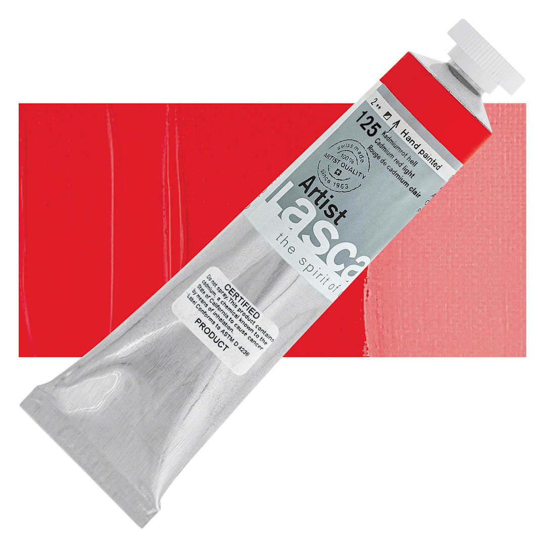 Open in modal - Lascaux Artist Acrylic - Cadmium Red Light, 45 ml tube and swatch