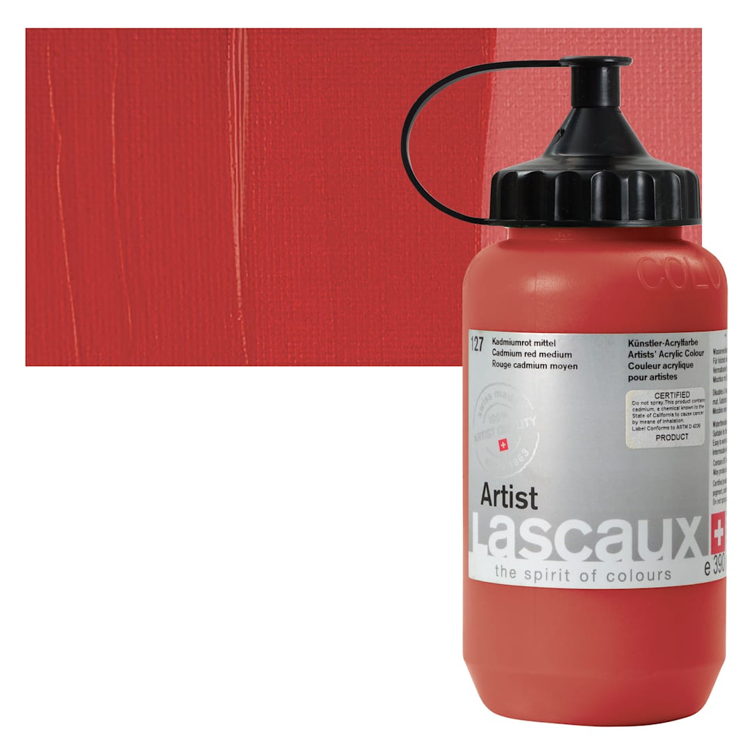 Open in modal - Lascaux Artist Acrylic - Cadmium Red Medium, 390 ml Tube and swatch