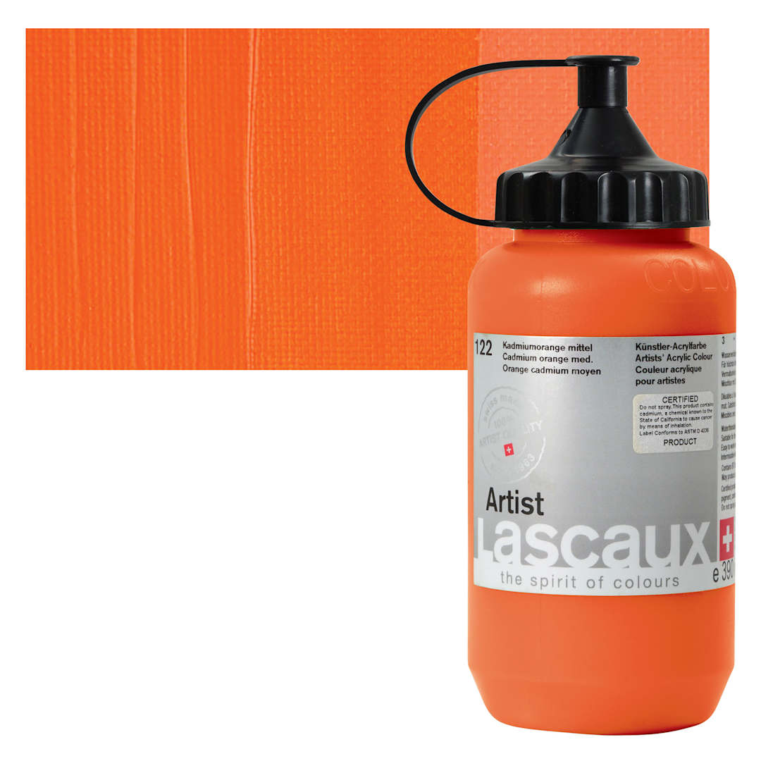 Open in modal - Lascaux Artist Acrylic - Cadmium Orange Medium, 390 ml Tube and swatch