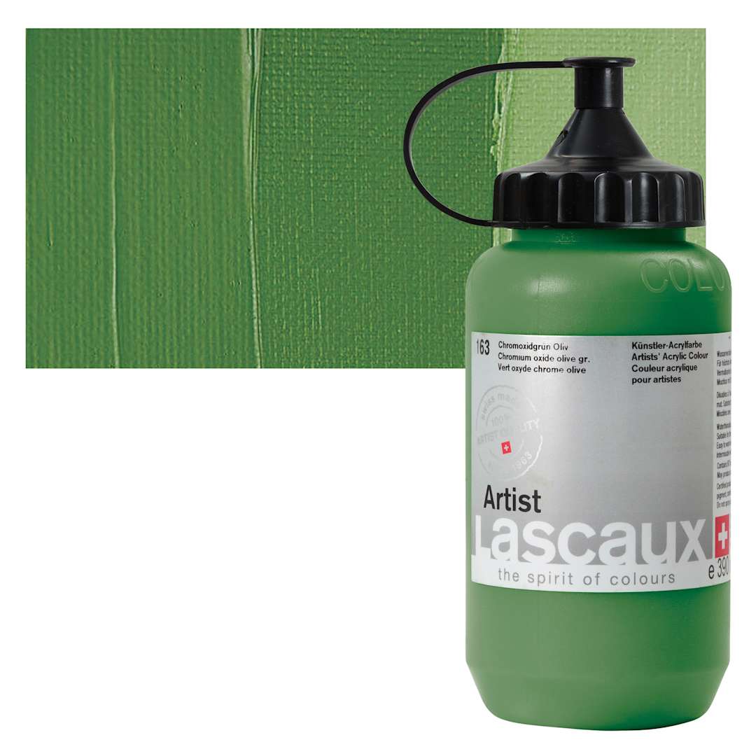 Open in modal - Lascaux Artist Acrylic - Chrome Oxide Olive Green, 390 ml Bottle and swatch