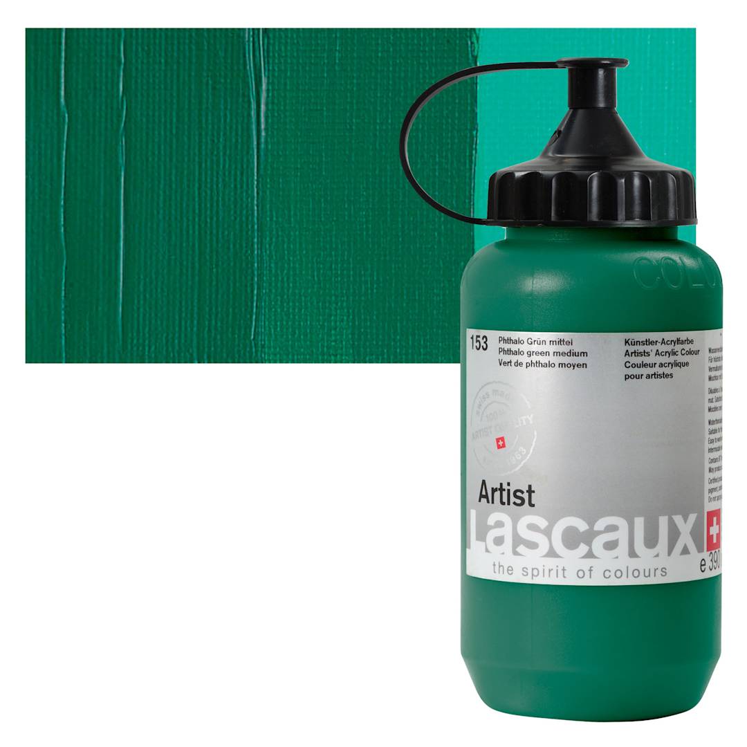 Open in modal - Lascaux Artist Acrylic - Phthalo Green Medium, 390 ml Tube and swatch