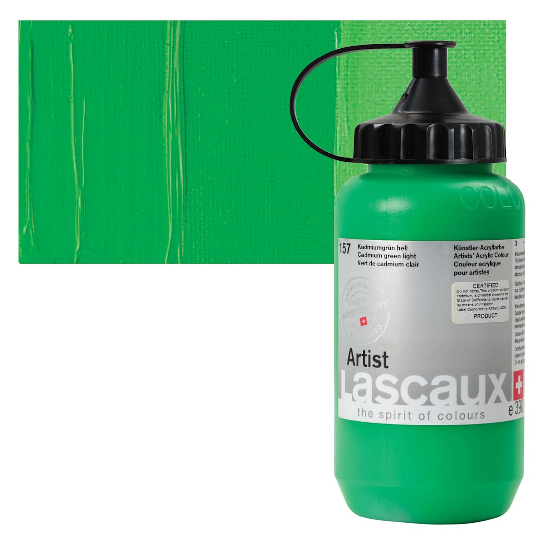 Open in modal - Lascaux Artist Acrylic - Cadmium Green Light, 390 ml Tube and swatch