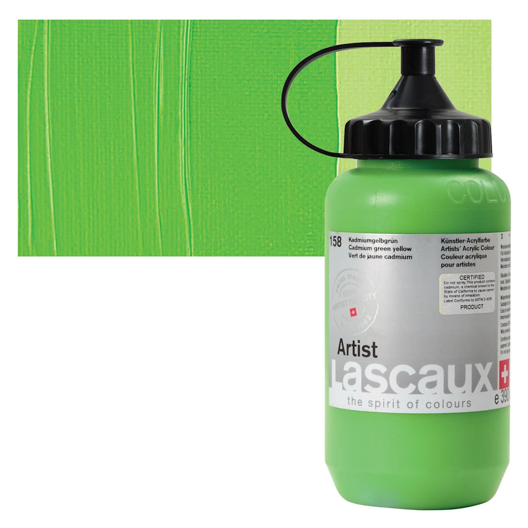 Open in modal - Lascaux Artist Acrylic - Cadmium Green Yellow, 390 ml Bottle and swatch