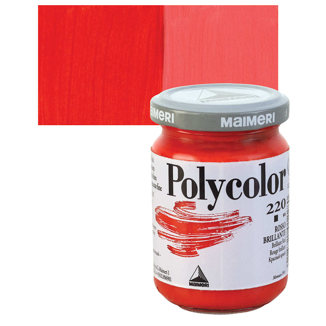 Open in modal - Maimeri Polycolor Vinyl Paint - Brilliant Red, 140 ml Jar and swatch