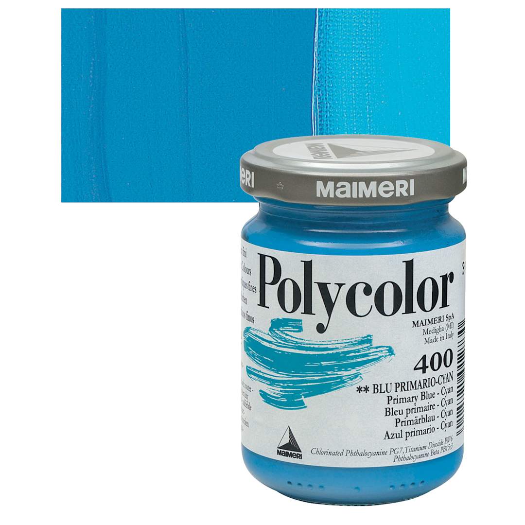Open in modal - Maimeri Polycolor Vinyl Paint - Primary Blue - Cyan, 140 ml jar and swatch