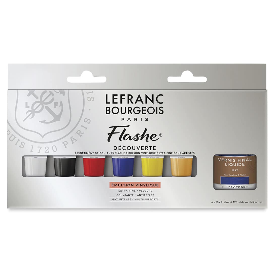 Open in modal - Lefranc & Bourgeois Flashe Vinyl Paint - Front of package of Discovery Set showing paint colors