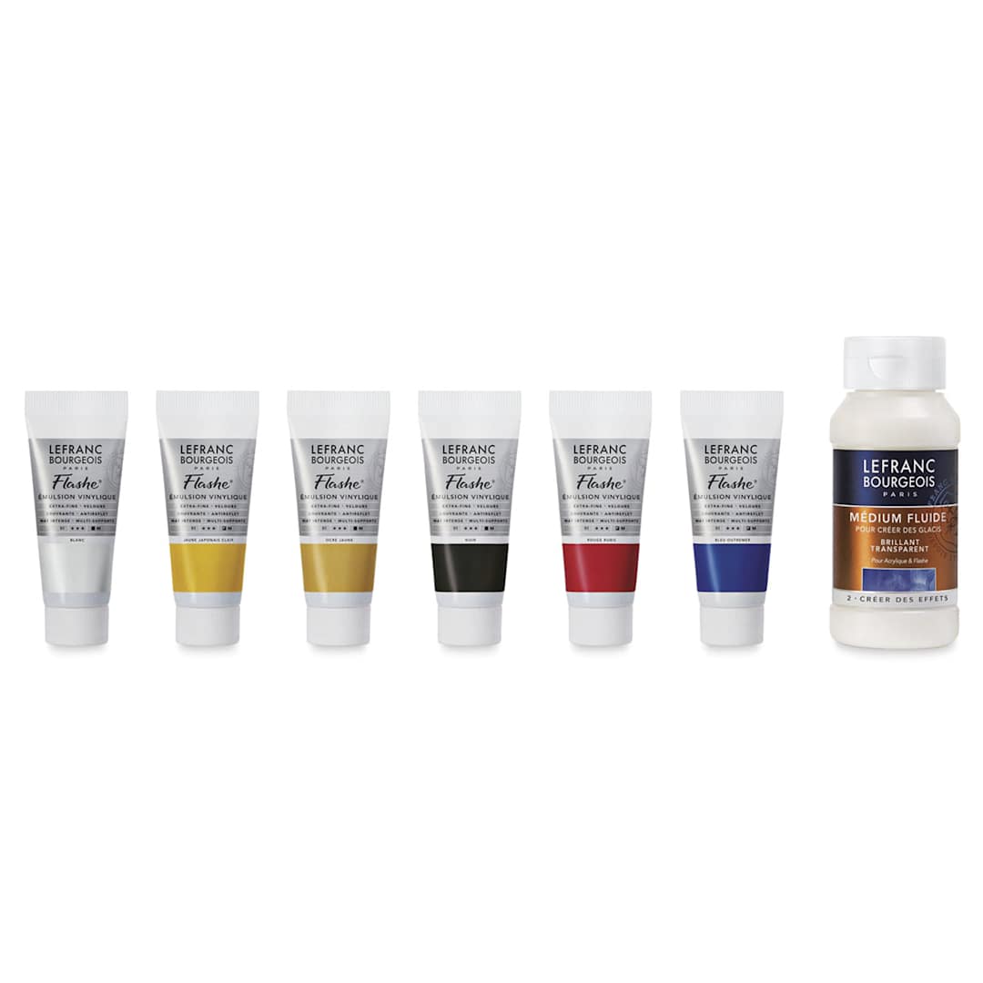 Open in modal - Lefranc Bourgeois Flashe Vinyl Paint - Components of Discovery Set shown upright in row