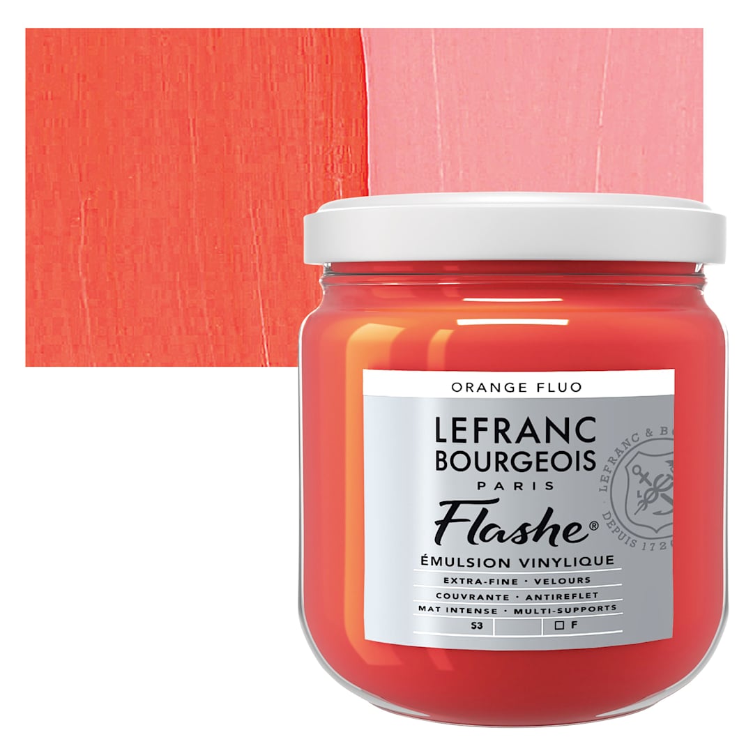 Open in modal - Lefranc & Bourgeois Flashe Vinyl Paint - Fluorescent Orange, 400 ml jar and swatch