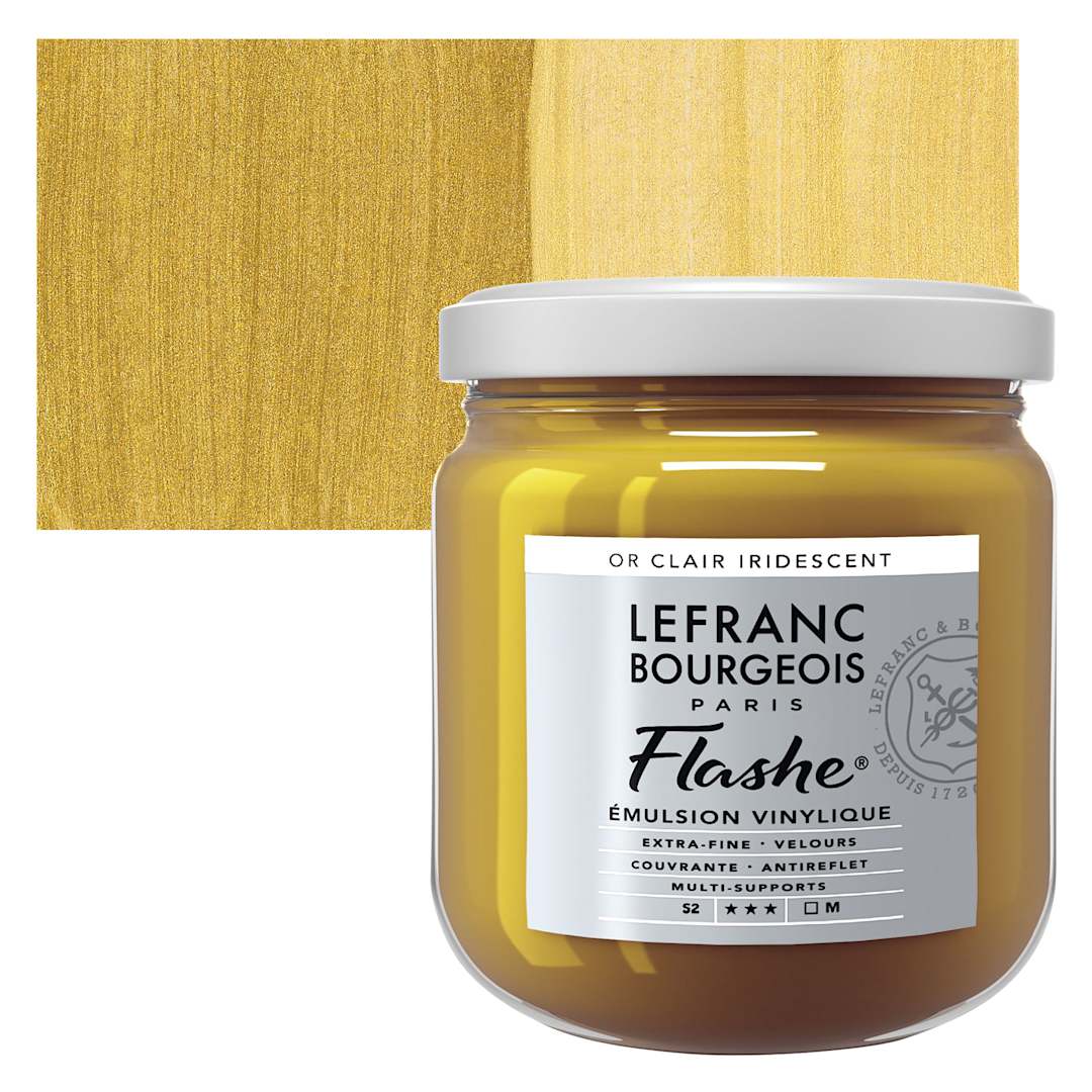 Open in modal - Lefranc & Bourgeois Flashe Vinyl Paint - Iridescent Light Gold, 400 ml jar and swatch