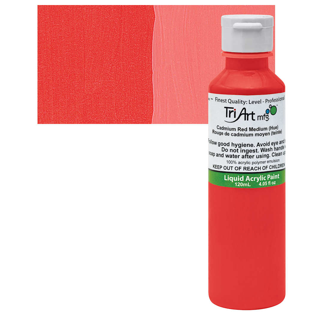 Open in modal - Tri-Art Liquid Artist Acrylic - Cadmium Red Medium Hue, 120 ml bottle and swatch