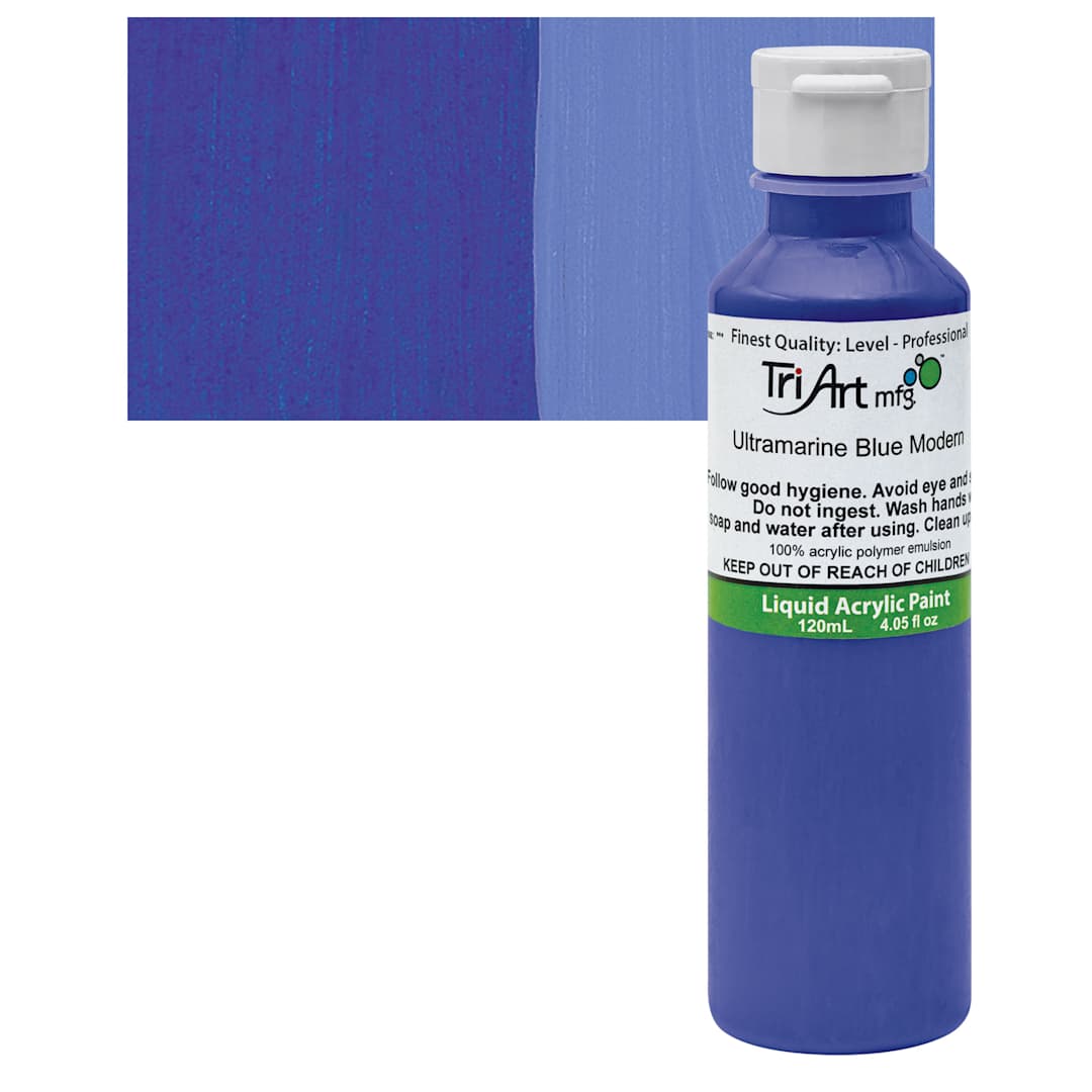 Open in modal - Tri-Art Liquid Artist Acrylic - Ultramarine Blue Modern, 120 ml bottle and swatch