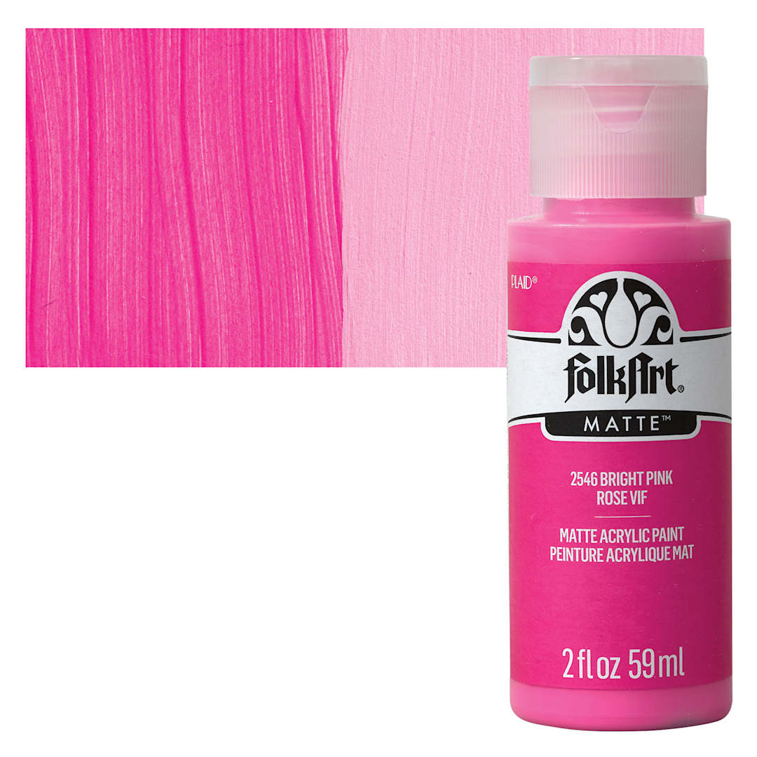 Open in modal - FolkArt Matte Acrylic Paint - Bright Pink, 2 oz, Bottle and swatch