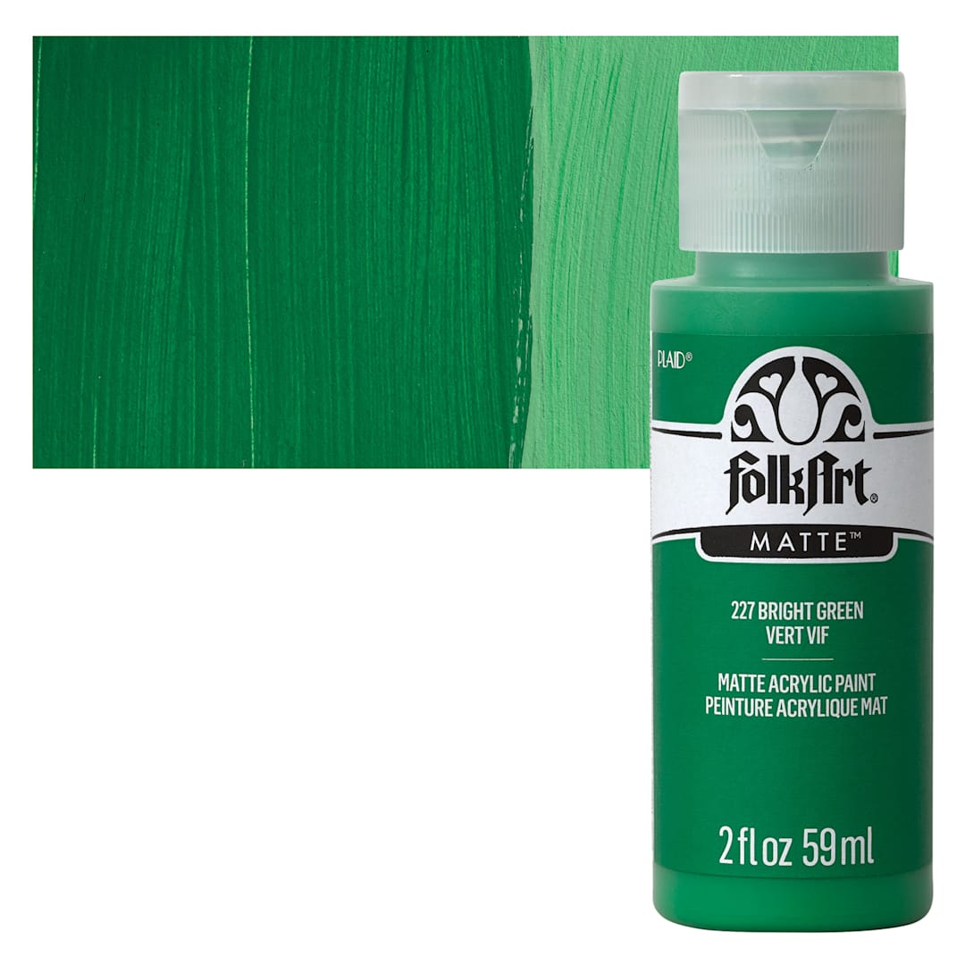 Open in modal - FolkArt Matte Acrylic Paint - Bright Green, 2 oz, Bottle and swatch