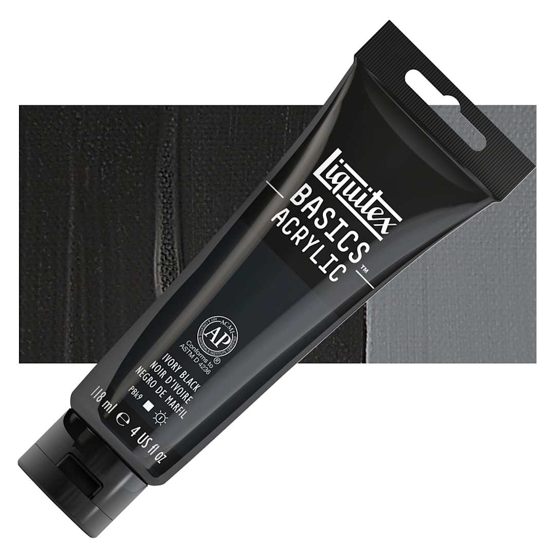 Open in modal - Liquitex Basics Acrylic Paint - Ivory Black, 4 oz tube and swatch