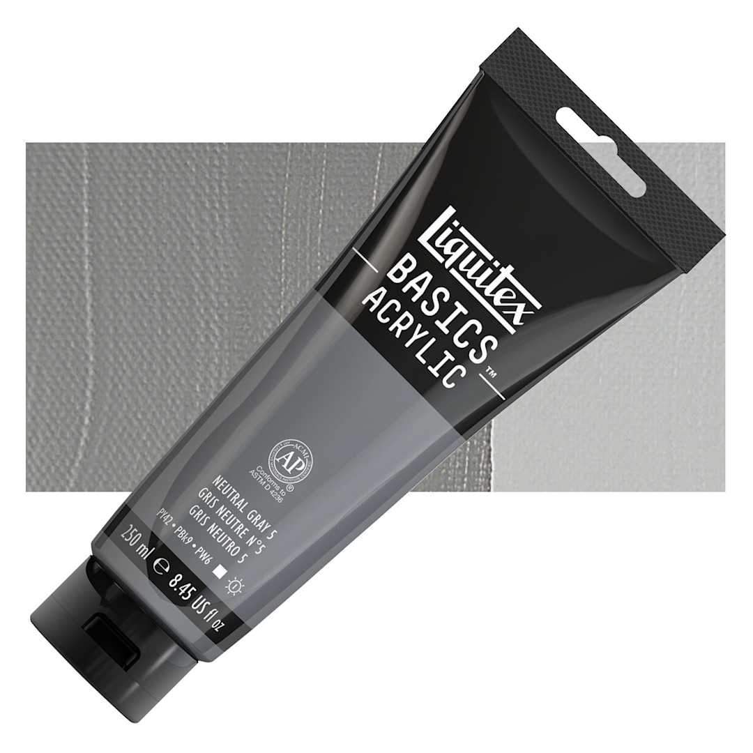 Open in modal - Liquitex Basics Acrylic Paint - Neutral Gray Value 5, 8.5 oz  tube and swatch