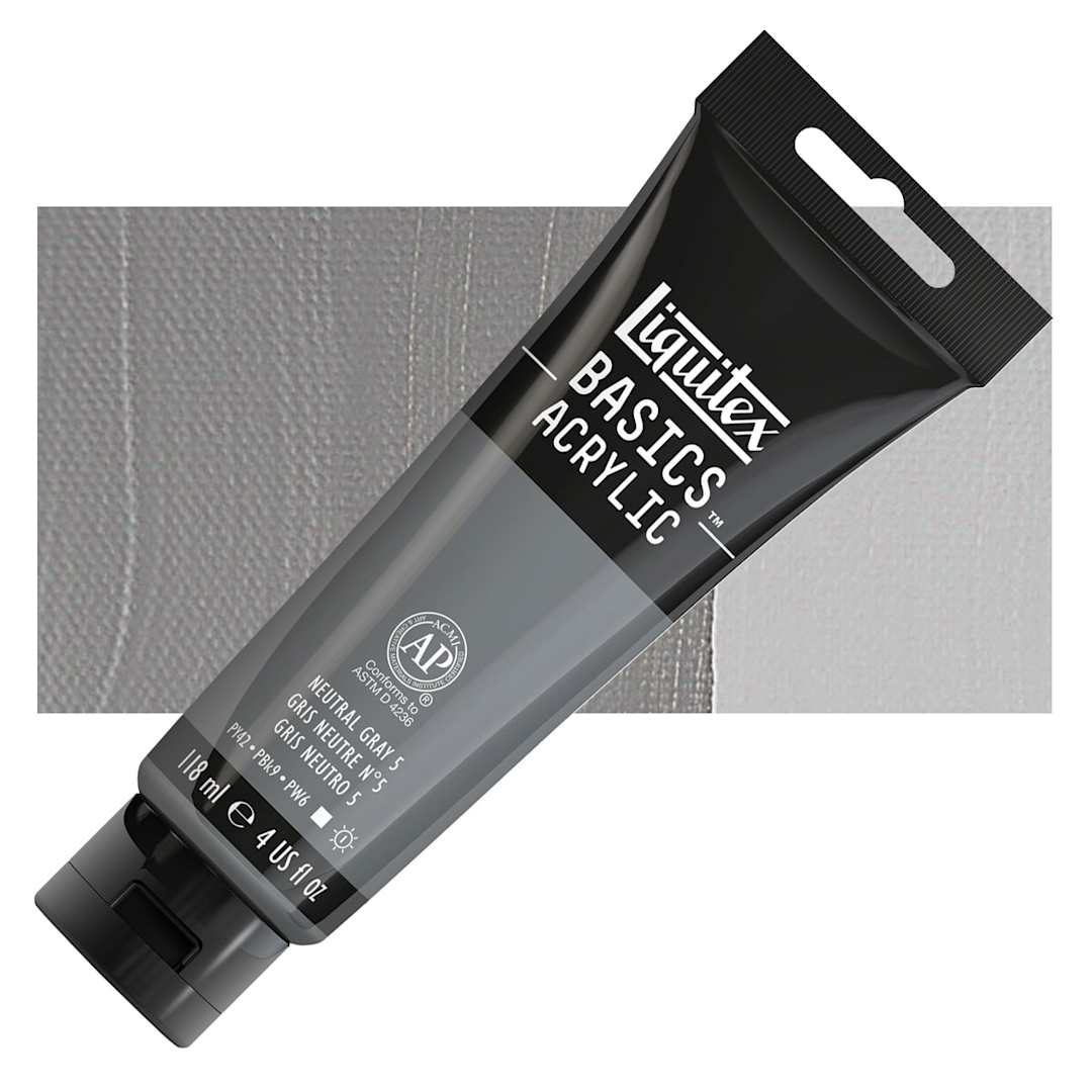 Open in modal - Liquitex Basics Acrylic Paint - Neutral Gray Value 5, 4 oz tube and swatch