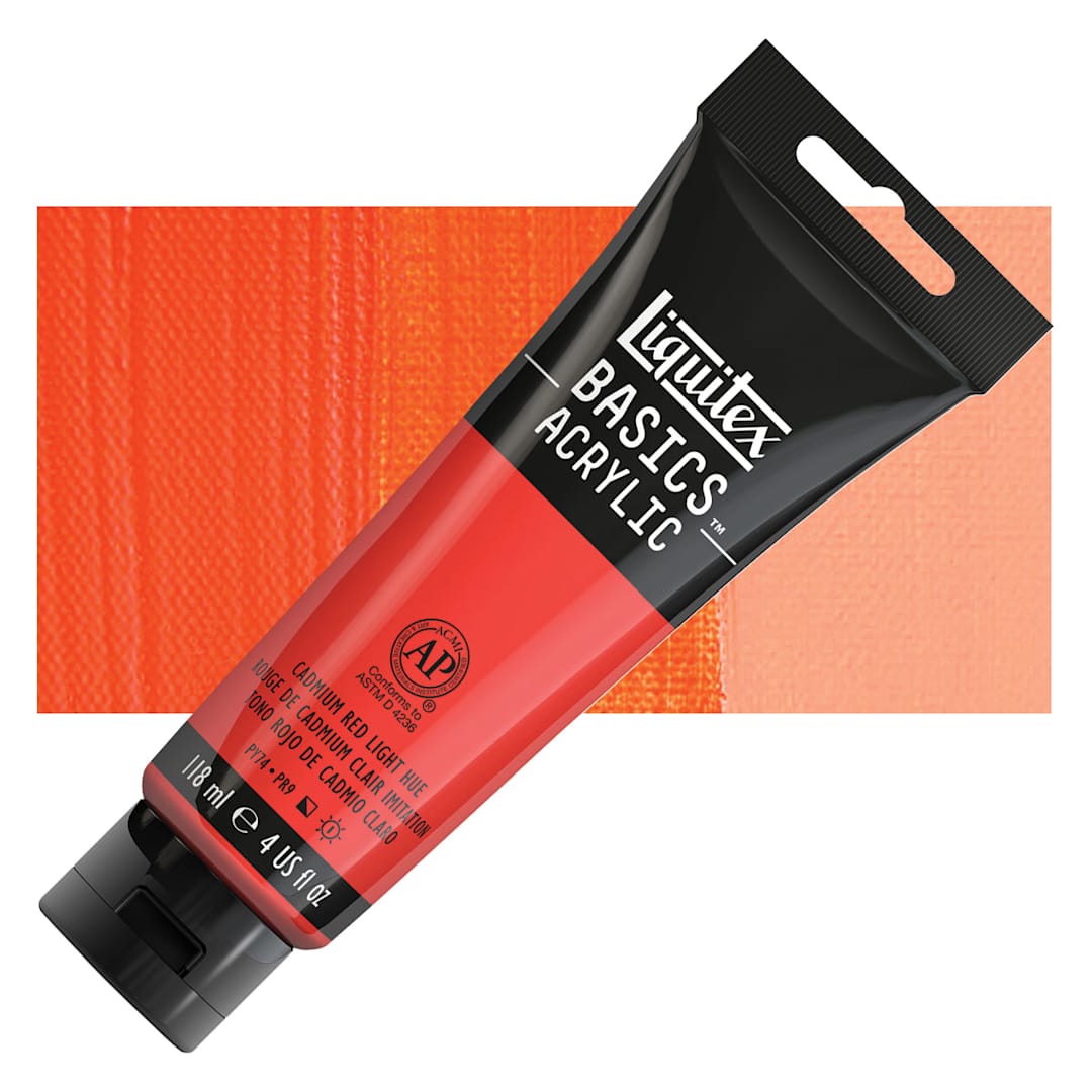 Open in modal - Liquitex Basics Acrylic Paint - Cadmium Red Light Hue, 4 oz tube and swatch