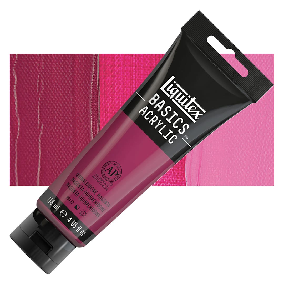Open in modal - Liquitex Basics Acrylic Paint - Quinacridone Magenta, 4 oz tube and swatch