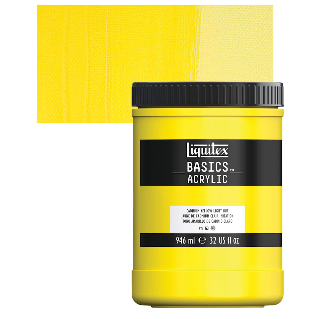 Open in modal - Liquitex Basics Acrylic Paint - Cadmium Yellow Light Hue, 32 oz jar and swatch