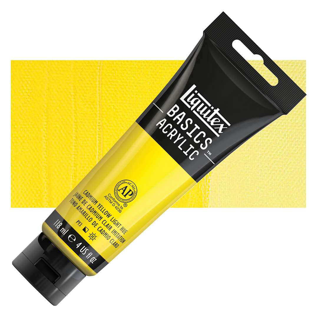 Open in modal - Liquitex Basics Acrylic Paint - Cadmium Yellow Light Hue, 4 oz tube and swatch