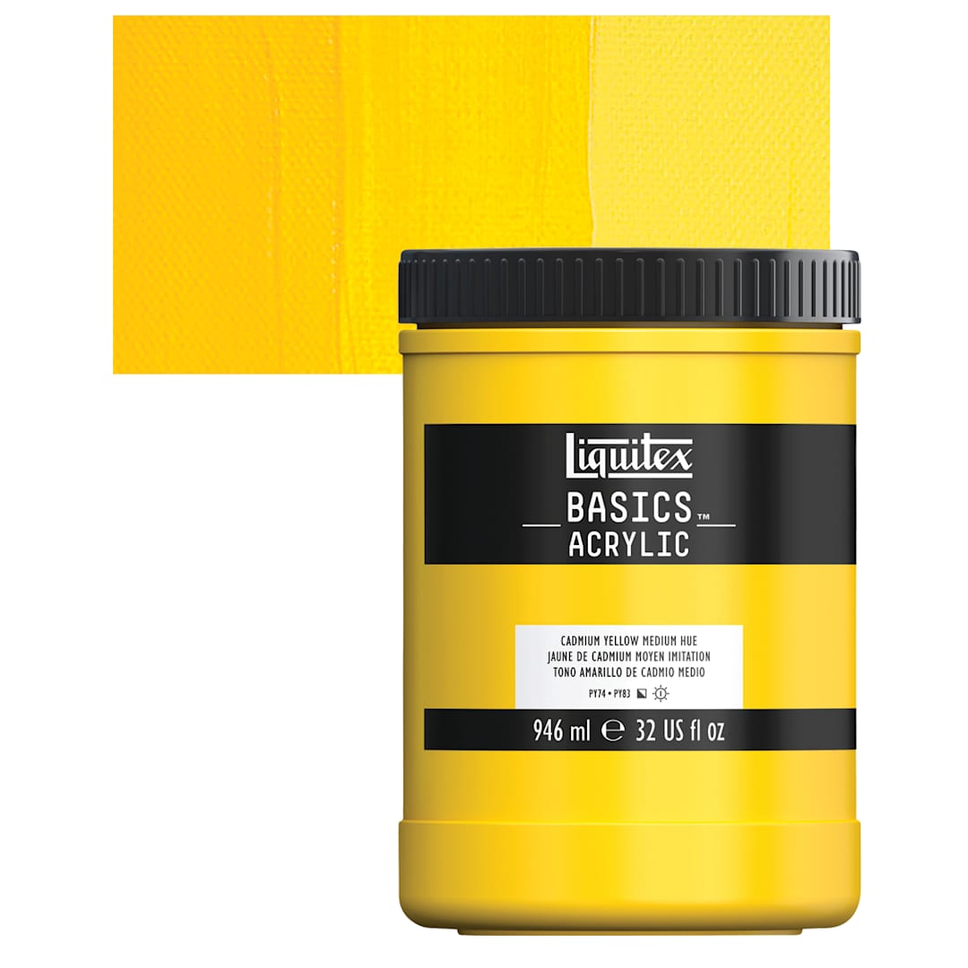 Open in modal - Liquitex Basics Acrylic Paint - Cadmium Yellow Medium Hue, 32 oz jar and swatch