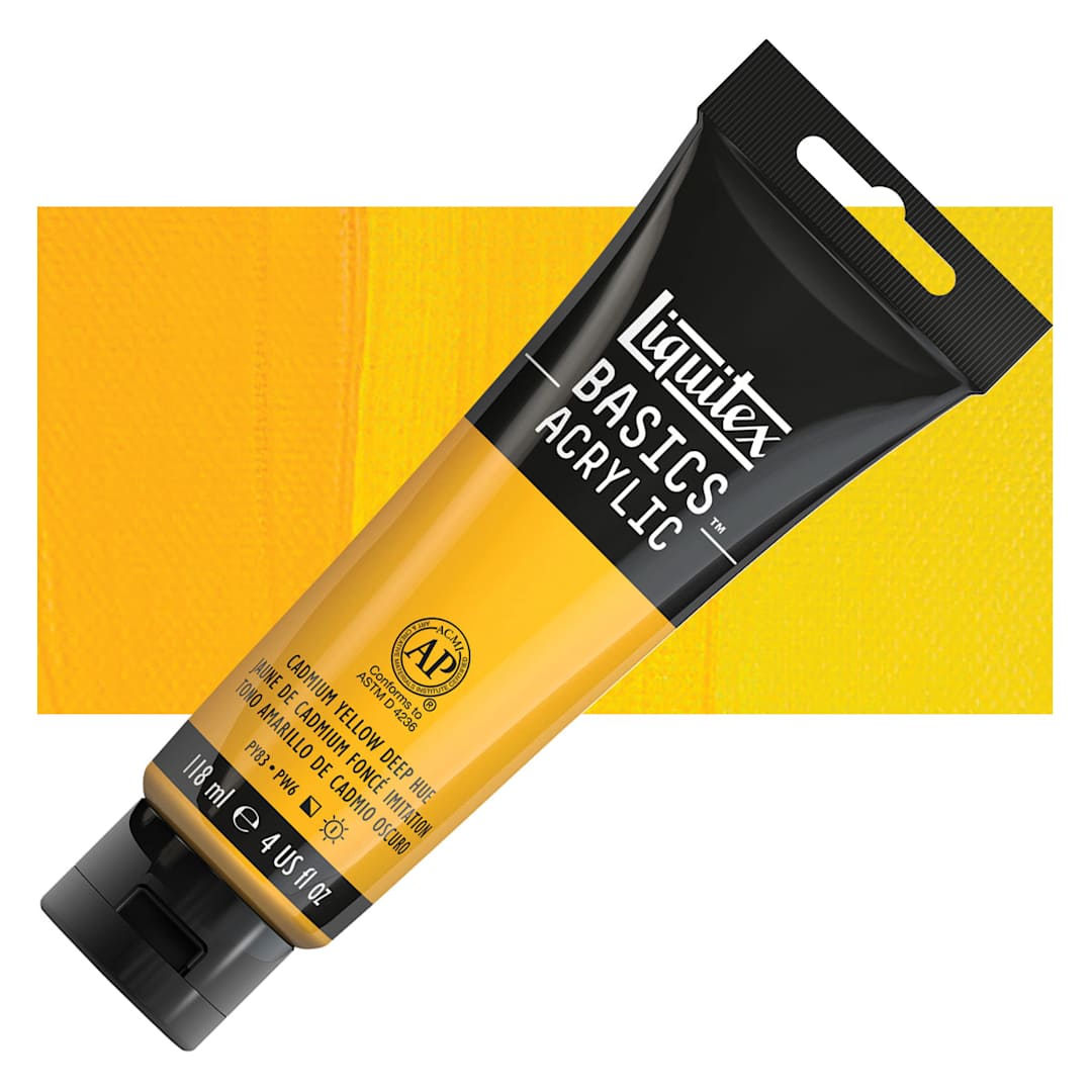 Open in modal - Liquitex Basics Acrylic Paint - Cadmium Yellow Deep Hue, 8.5 oz Tube and swatch
