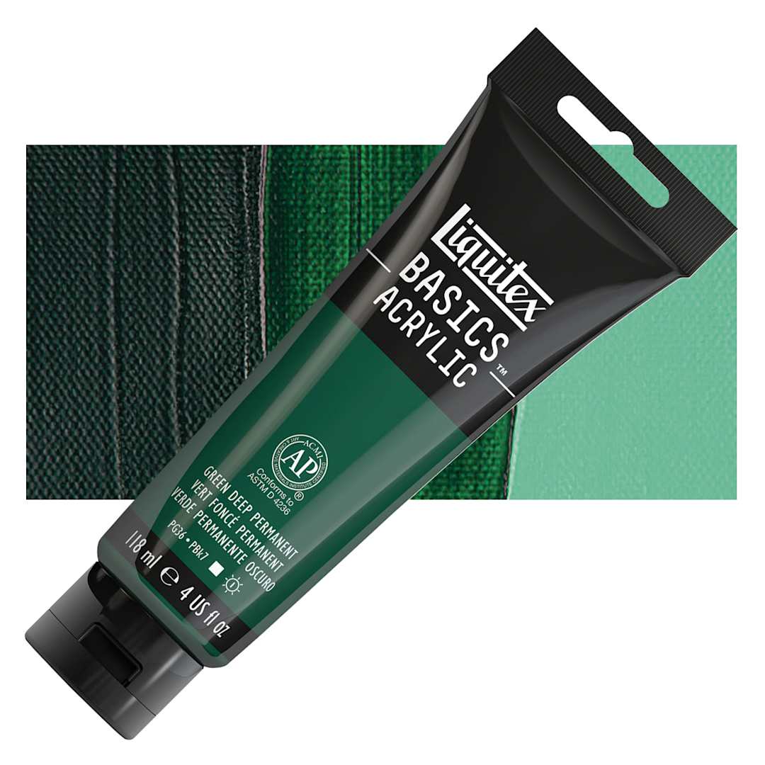 Open in modal - Liquitex Basics Acrylic Paint - Deep Green Permanent, 4 oz tube and swatch