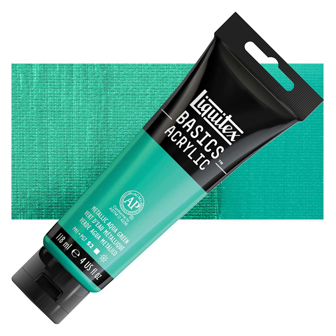 Open in modal - Liquitex Basics - Metallic Aqua Green, 118 ml tube and swatch