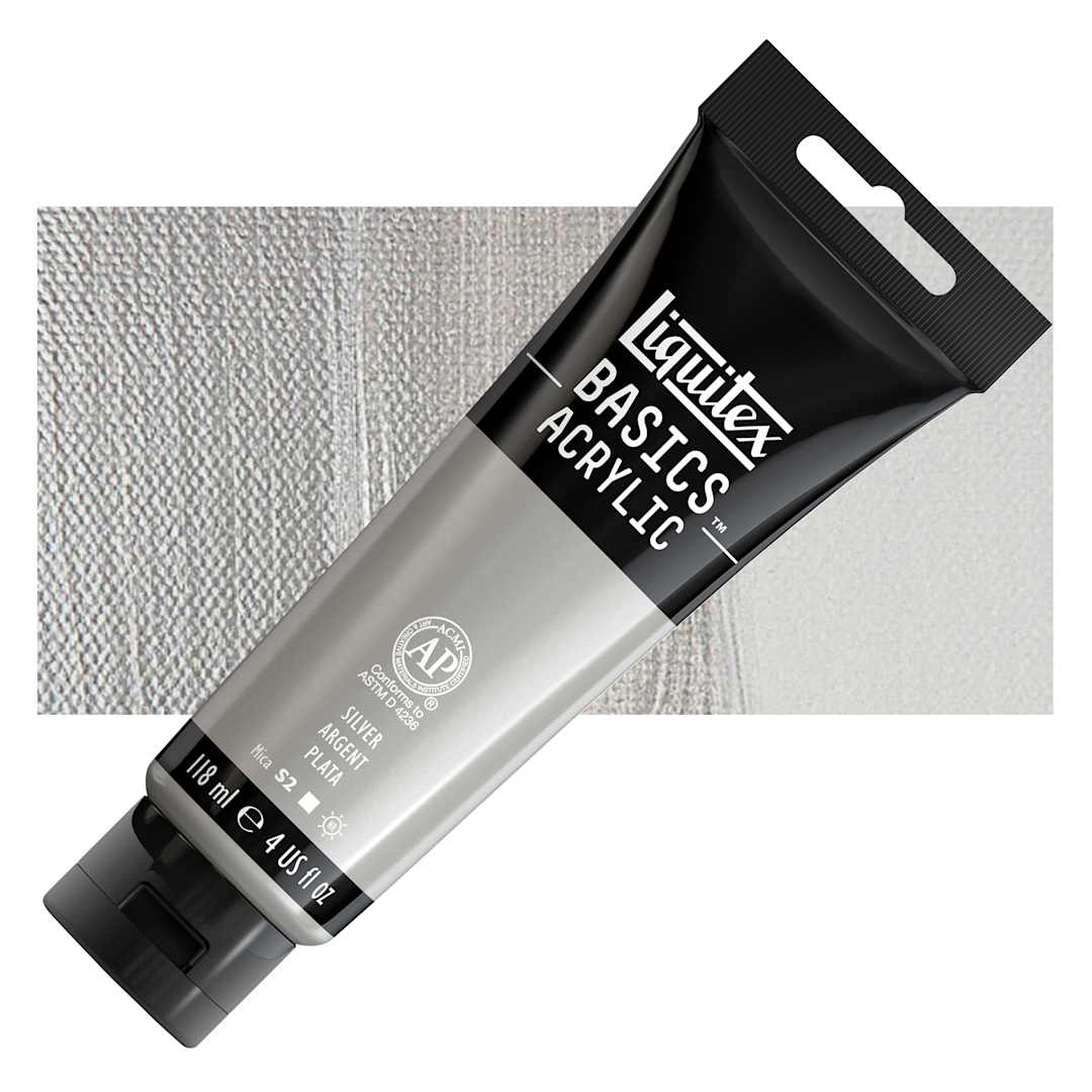 Open in modal - Liquitex Basics Acrylic Paint - Silver, 4 oz tube and swatch