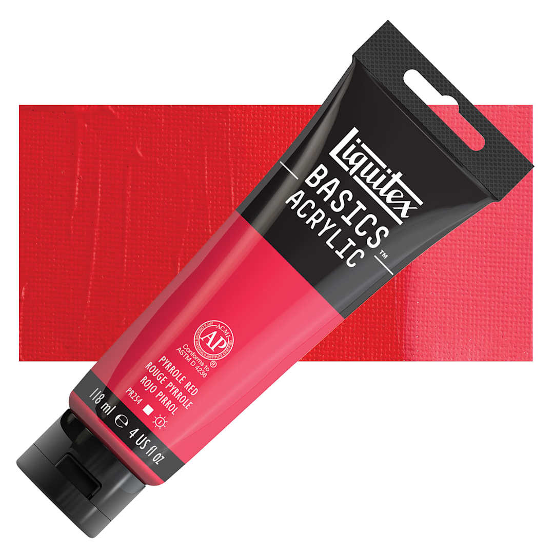 Open in modal - Liquitex Basics Acrylic Paint - Pyrrole Red, 4 oz tube and swatch